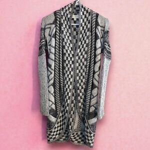 My Michelle Black White Abstract Open Front Cardigan Sz M